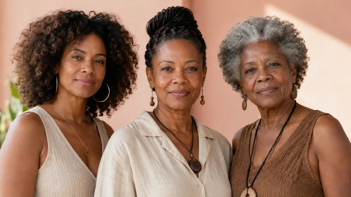 Três mulheres negras de idades diferentes, saúde da mama e acesso ao diagnóstico no Brasil