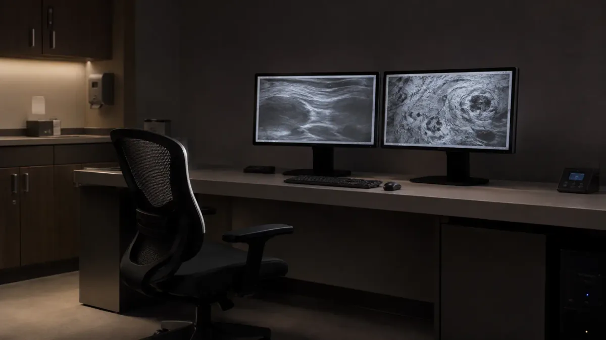 Sala de laudo com dois monitores médicos exibindo imagens de exames de mama