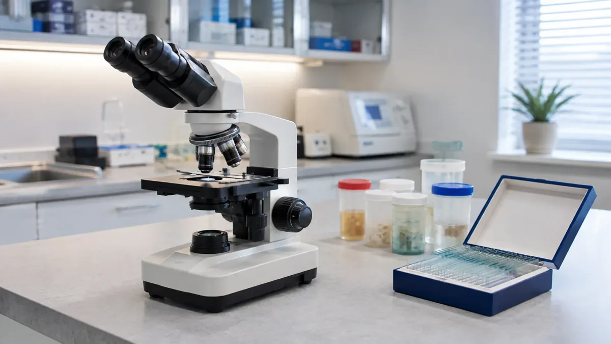 Bancada de laboratório de anatomia patológica com microscópio, frascos de amostra e lâminas de vidro