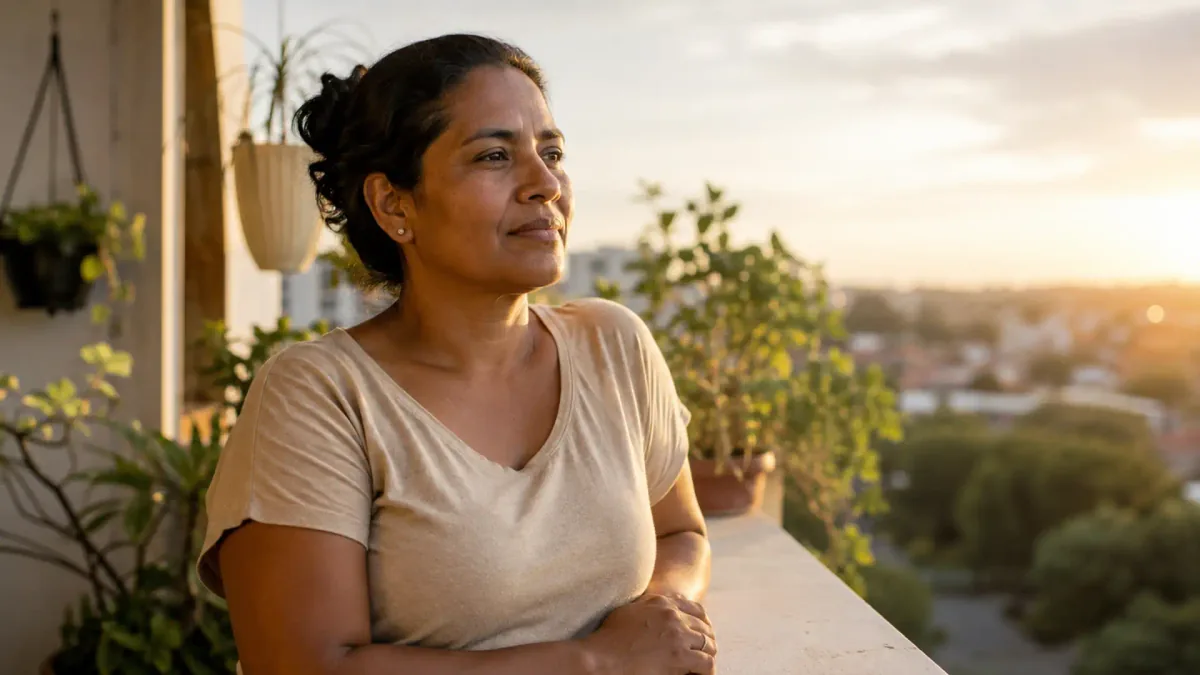 Mulher de meia-idade apoiada no parapeito da varanda de casa, ao entardecer
