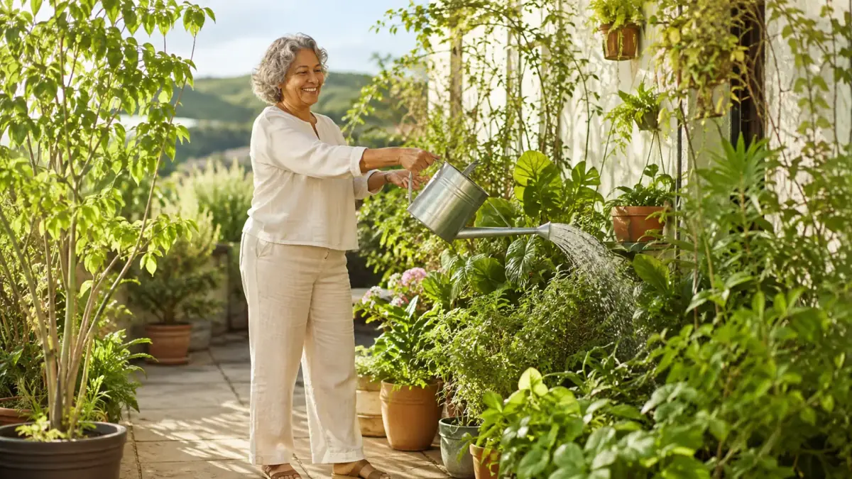 Mulher de cabelos grisalhos regando as plantas da varanda, pela manhã