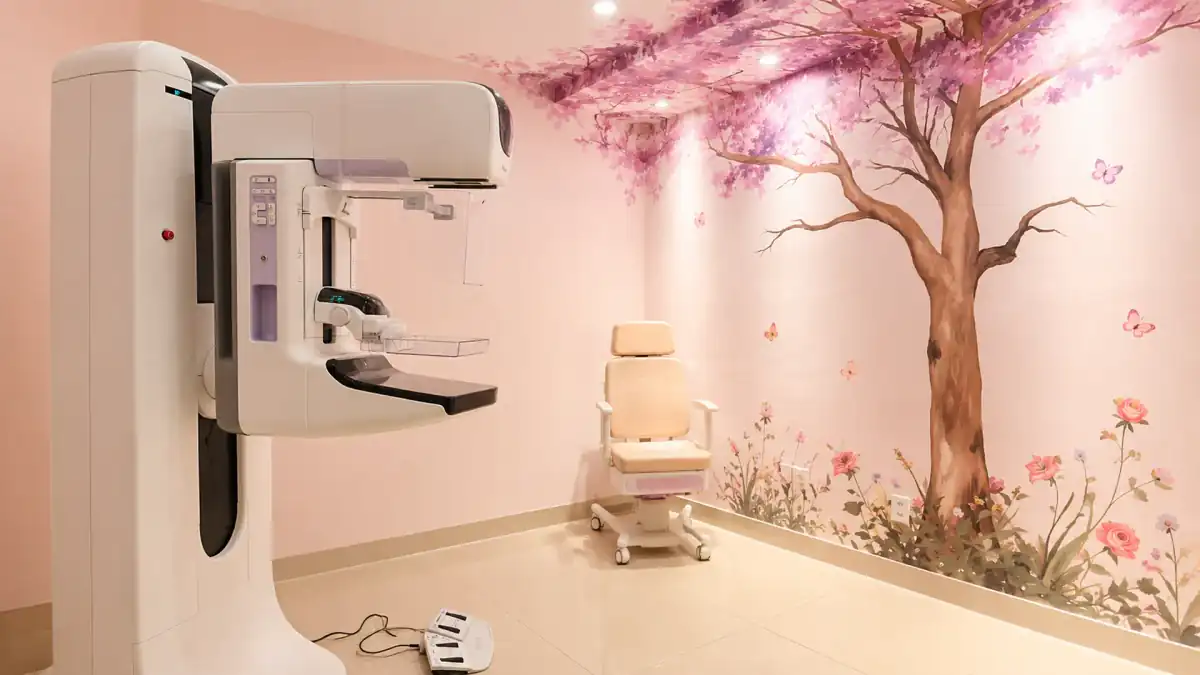 Sala de mamografia digital da Clínica Preciore, com mural de cerejeira, em São Luís, MA