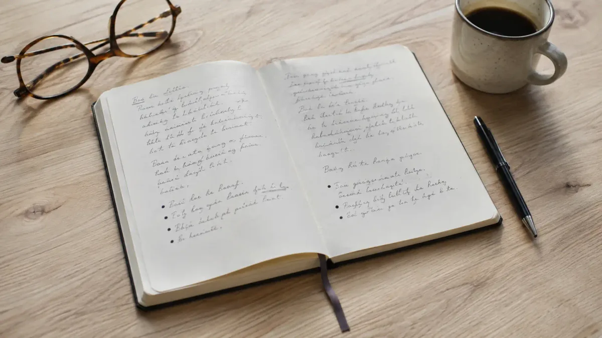 Caderno aberto com perguntas anotadas à mão, ao lado de óculos e xícara de café