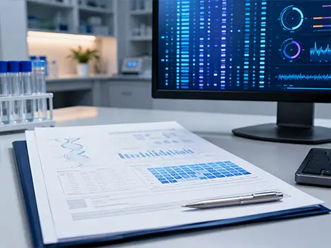 Laudo genético impresso ao lado do monitor com os dados do exame