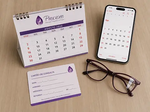 Calendário e cartão de consulta da Preciore para marcar o retorno