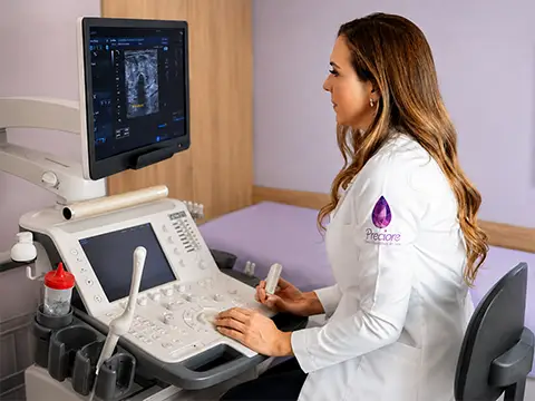 Médica da Preciore no aparelho de ultrassonografia, antes do exame